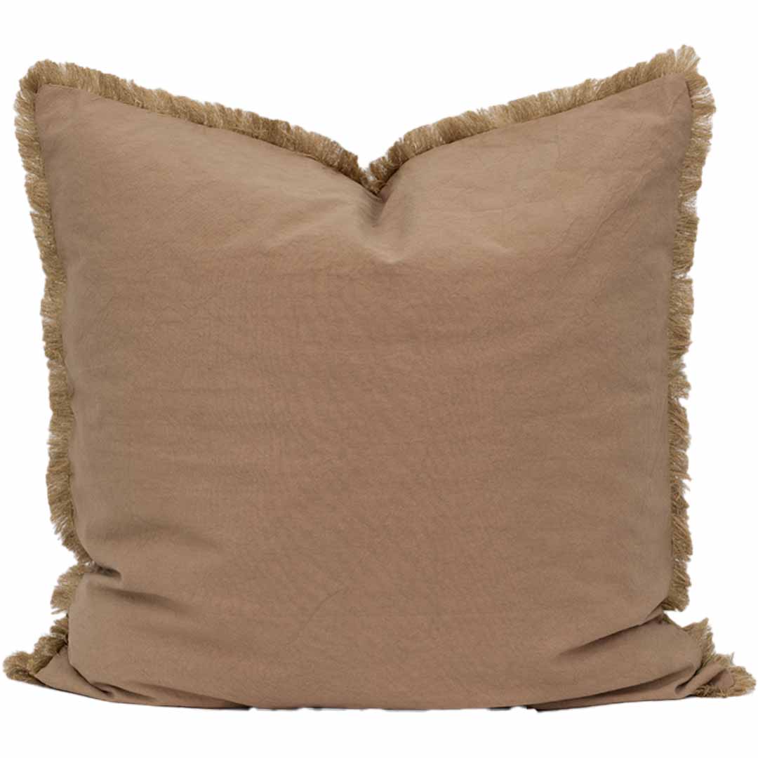 Brown pillow with frayed edges on a white background