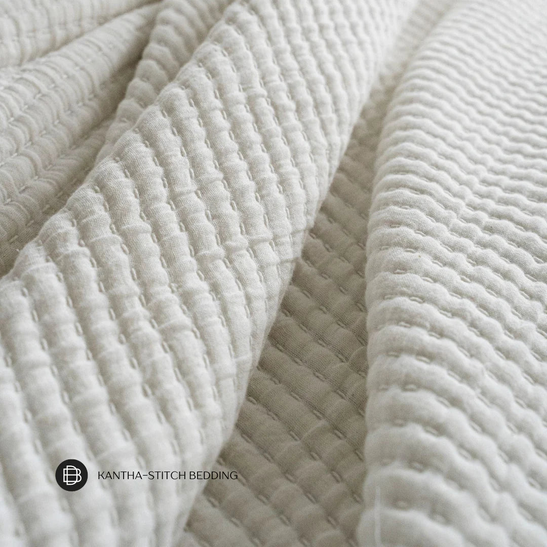 White Kantha-Stitch Bed Blanket